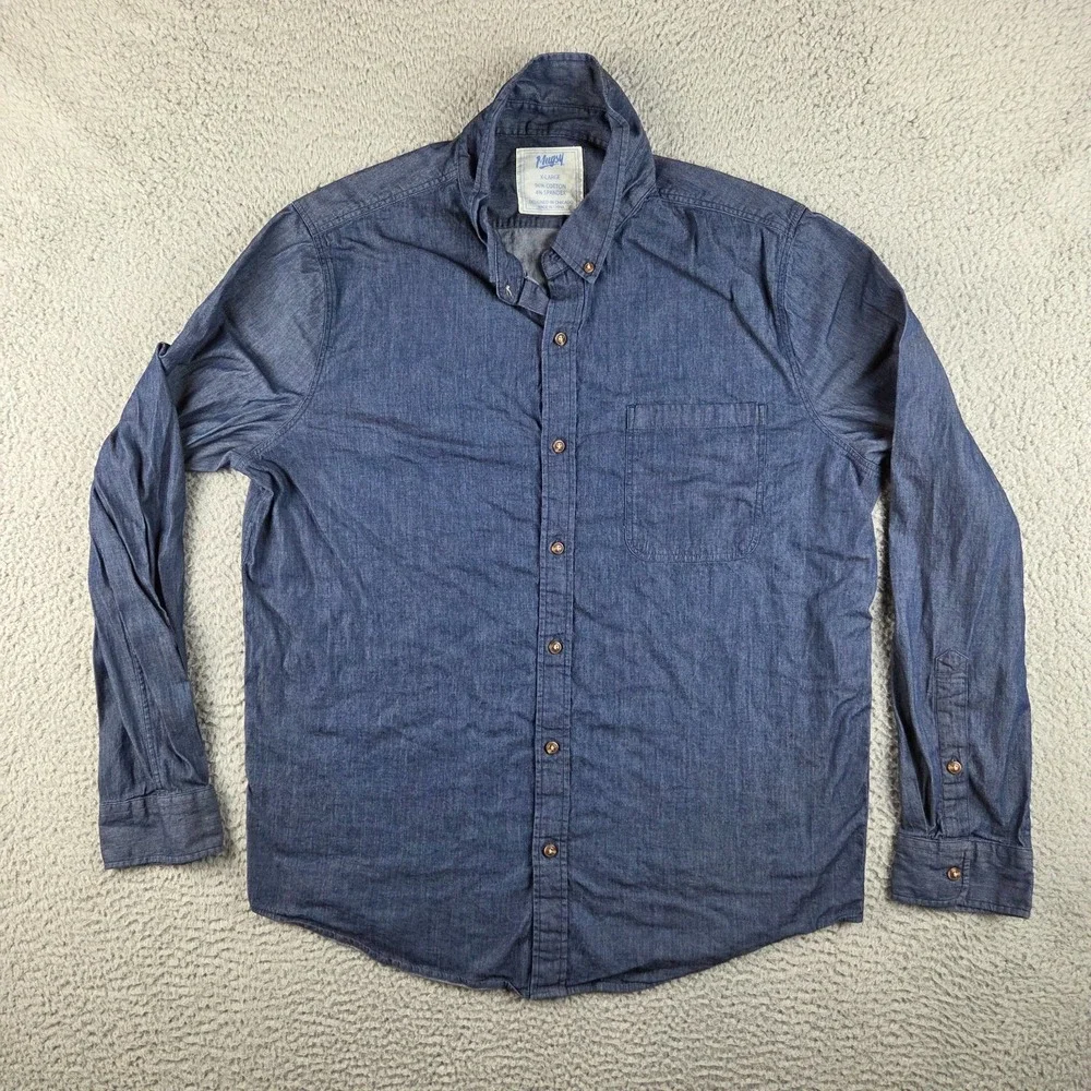 Mugsy Shirt Men XL Chambray‎ Button Down Blue L/S Cotton Blend